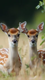 Twin spotted fawns in shallow-depth telephoto field study.