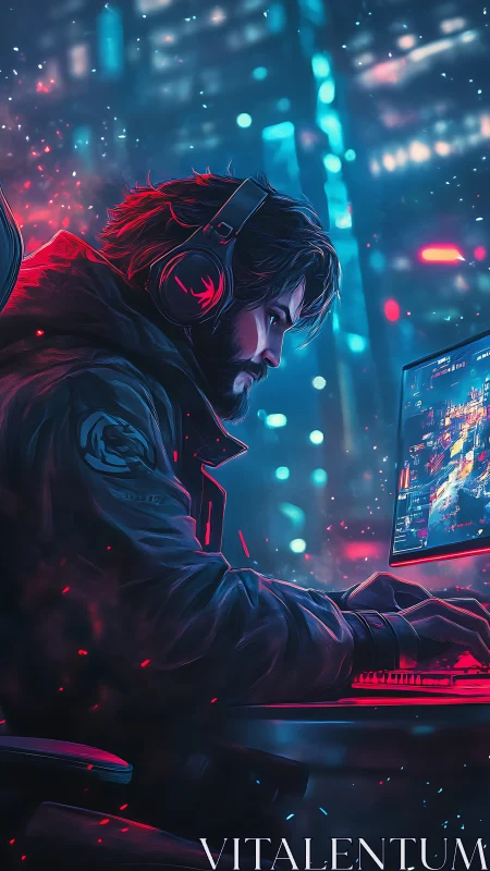 Cyberpunk gamer locked in neon-lit tactical focus.