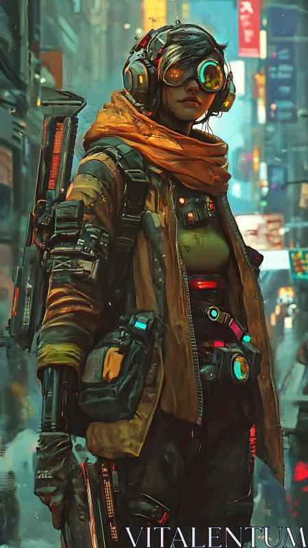 Urban cyber scout with neon visor in misty alleyway.
