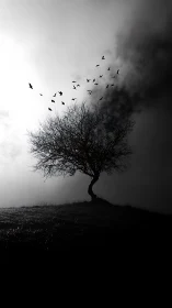 Monochrome hillside tree silhouette with dispersing bird flock.