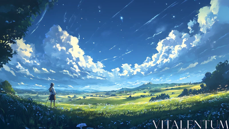 Celestial meadow panorama frames lone figure under vast sky