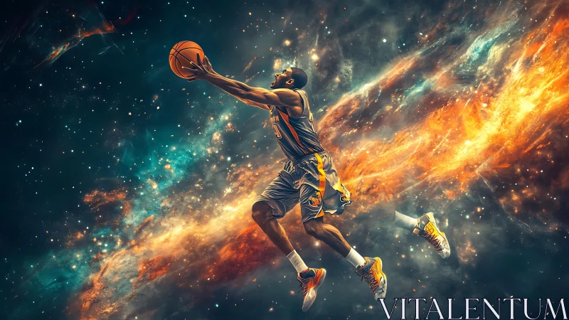 Cosmic basketball player soars through a blazing galactic sky
