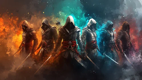 Hooded assassins aligned in chromatic smoke gradients stand armed