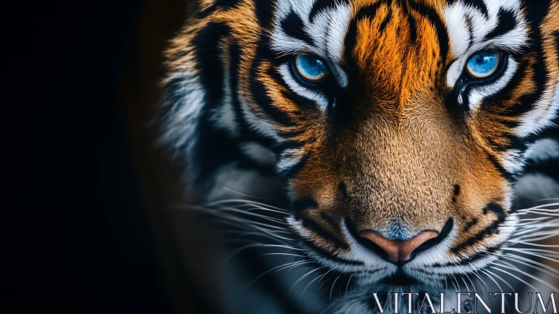 Close frontal portrait of blue-eyed tiger in low light.