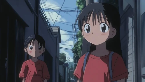 Side-street dusk holds two wide-eyed wanderers in red shirts