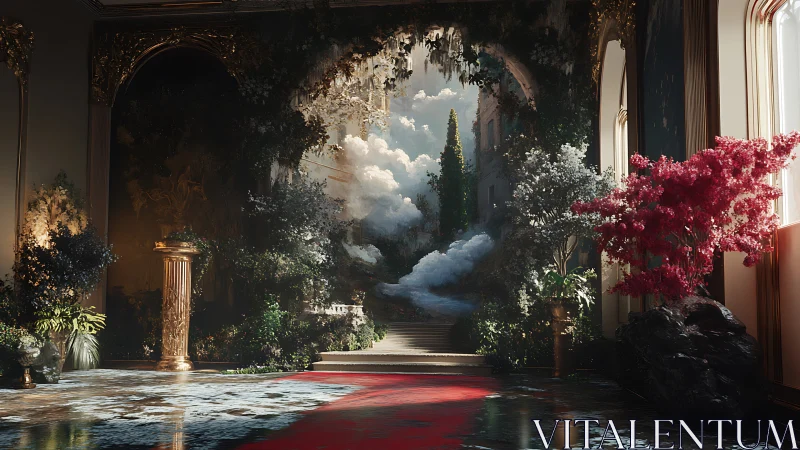 Interior hall opens onto architectural garden vista