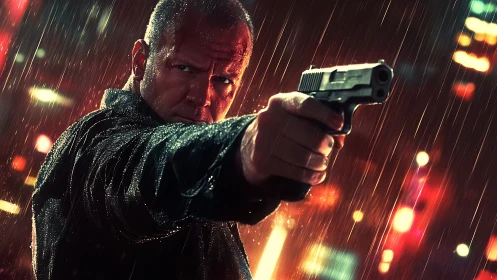 Gritty lone hero aims a pistol under neon rain at night