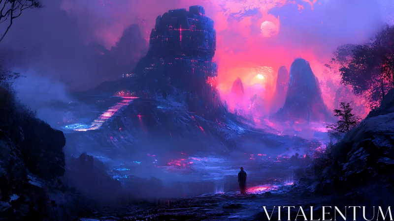 Neon pilgrim at the violet citadel beneath twin suns.