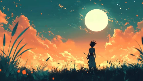 Silhouetted swordsman stands in tall grass under large moon