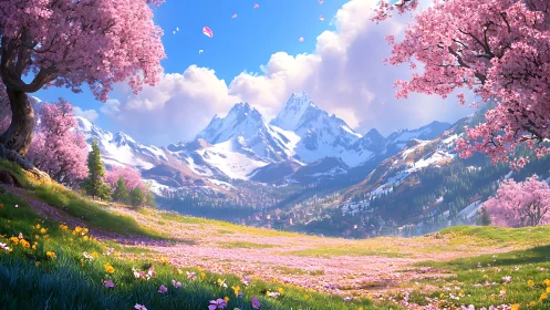 Mountain valley spring vista with pink blossom canopy.
