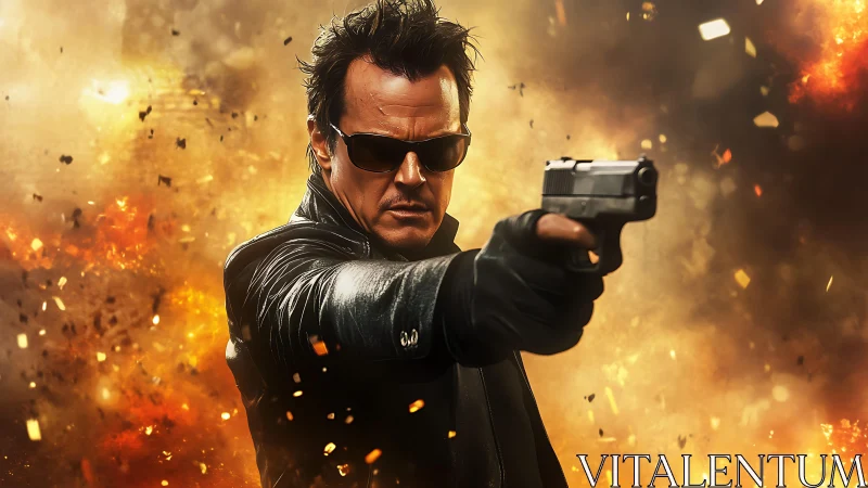 Man in leather jacket aims handgun amid fiery explosion