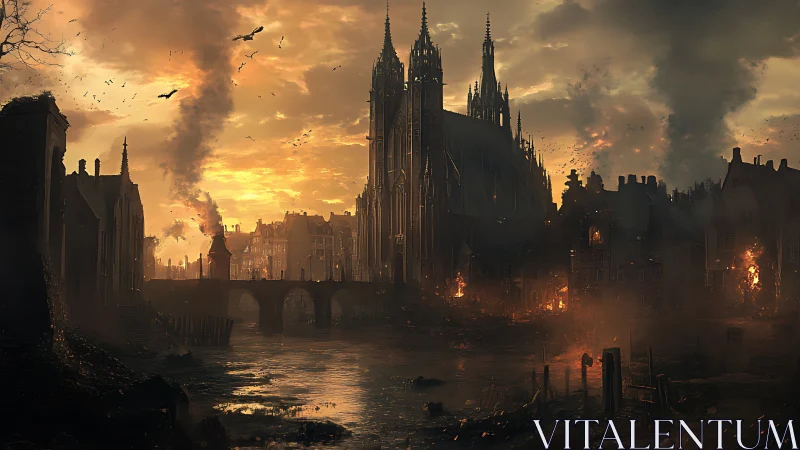 Smoldering gothic city glows against a brooding sunset sky