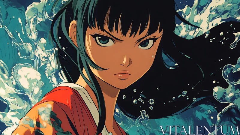 Determined anime heroine framed by dynamic crashing water.