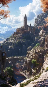 Mountain citadel overlooks deep river gorge at sunrise