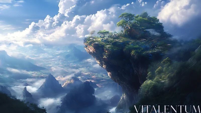 Floating cliff island above misty mountains and clouds.