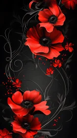 Red poppies bloom against darkness with ornamental flourishes.
