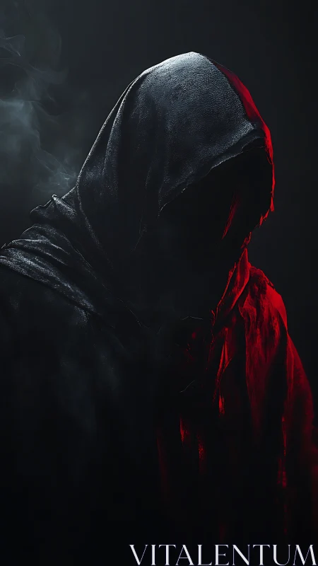 Hooded shadow in crimson light invites quiet curiosity.