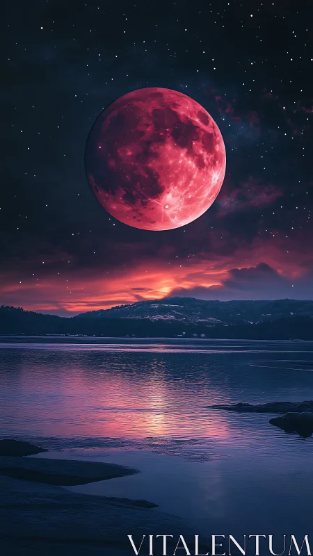 Crimson supermoon dominates a reflective twilight coastal lake