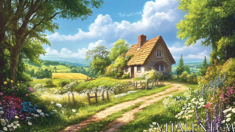 Sunny country cottage amid fields and wildflowers landscape.