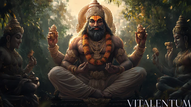 Digital painting of meditative deity triad in forest shrine composition.