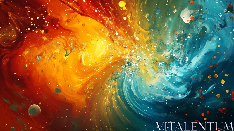 Bipolar fluid nebula collision in warm orange and cool cyan