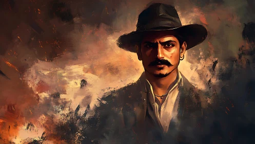 Dramatic mustached man in fedora painted with fiery brushwork