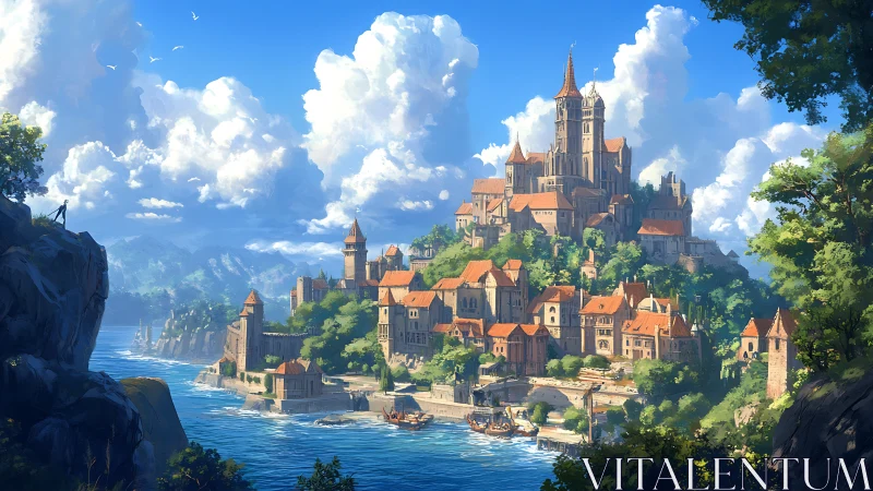 Medieval Kingdom Crowns Hilltop While Azure Skies Dance Overhead