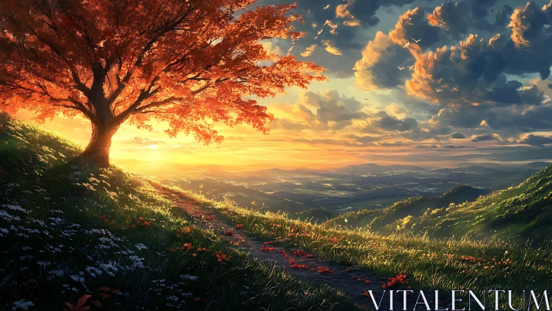 Solitary hillside tree overlooking valley at sunset.