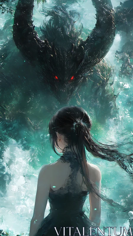 Girl confronts colossal water demon amid swirling turquoise storm.