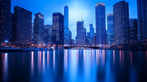 Luminous blue city skyline glows over calm reflective water