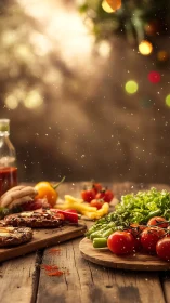 Rustic wooden table with grilled meat and fresh vegetables.