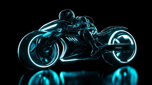 Futuristic neon motorcycle with rider on black background.