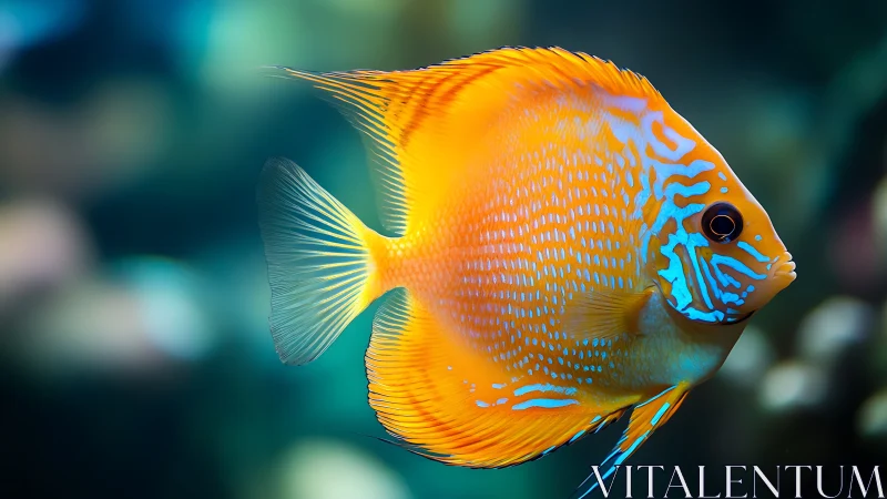 Orange tropical fish with blue markings in soft focus water.