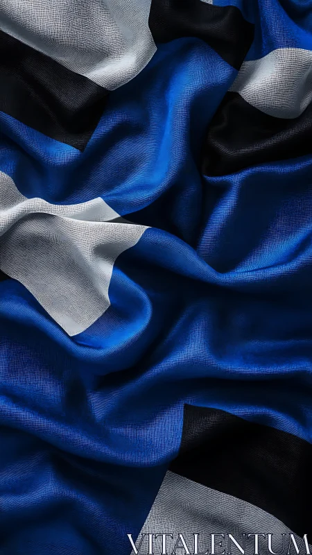 Folded blue black white fabric forms textured abstract field