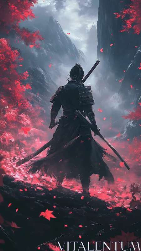 Backlit katana ronin in crimson leaf canyon atmosphere.