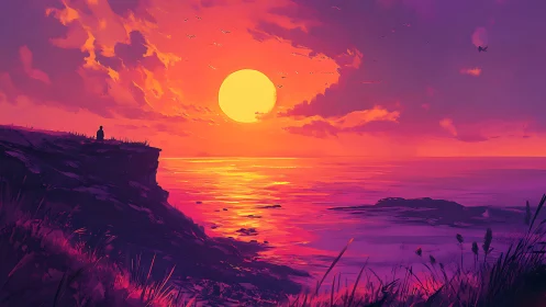 Solitary figure watches vivid neon sunset over ocean