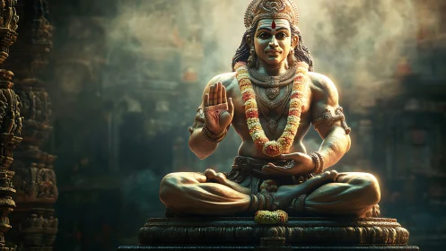 Divine yogic deity statue bathed in soft temple light.