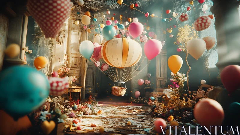 Indoor balloon-filled courtyard with central airship basket.