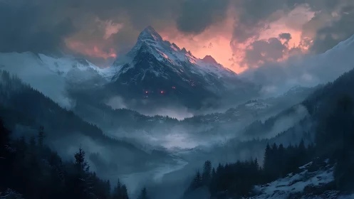 Glacial peak dominates misted valley under incendiary dusk sky