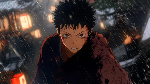 Bloodied anime fighter in rain-soaked street under dynamic lighting