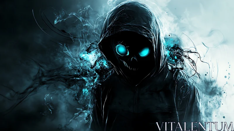 Hooded spectral figure with neon cyan eyes in eruptive haze