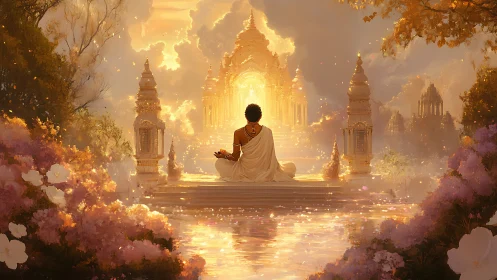 Meditative figure contemplates luminous celestial temple portal