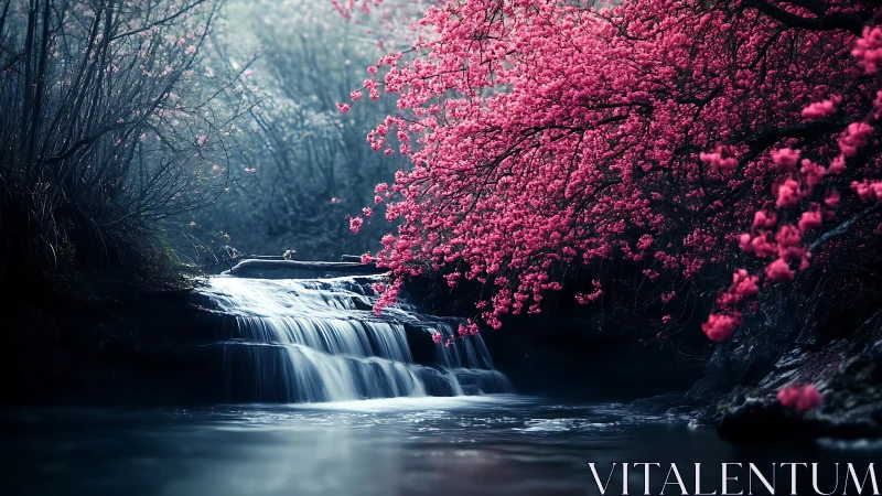 Waterfall flows beneath dense pink blossom tree canopy