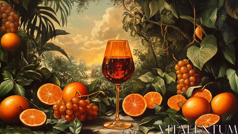 Ornate still life unites citrus glass and sunlit jungle vista