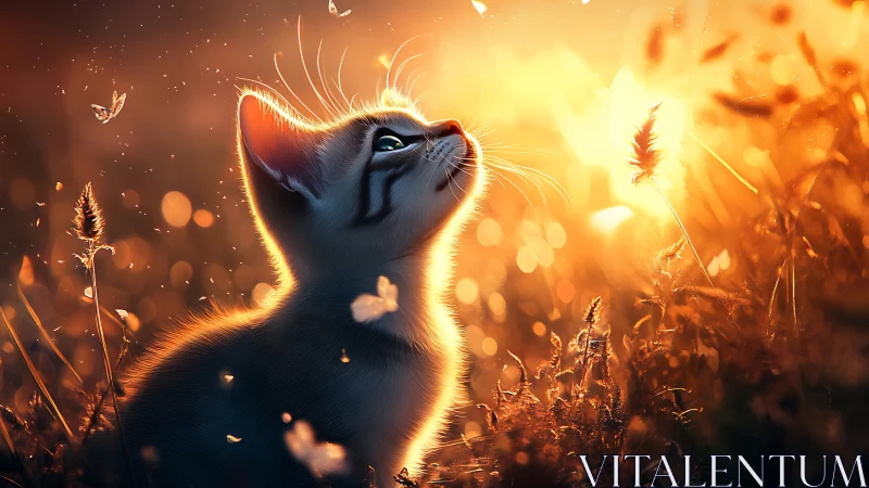 Backlit kitten observing fluttering insects in golden field.