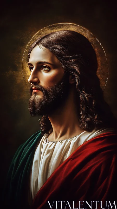 Sacred-robed figure in haloed three-quarter profile portrait.