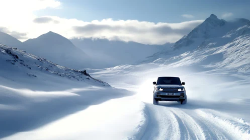 SUV driving on snowy mountain road under overcast sky.
