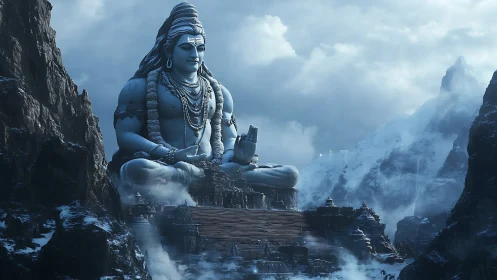 Colossal Shiva statue in icy Himalayan mountain temple complex