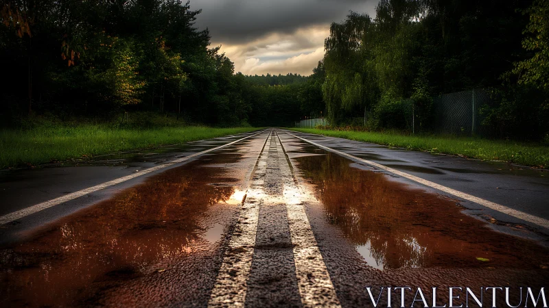 Wet forest road with sunset reflection after rainfall.