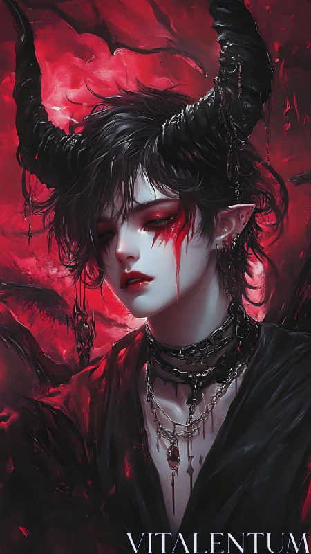 Mournful horned angel bathed in crimson infernal hush.